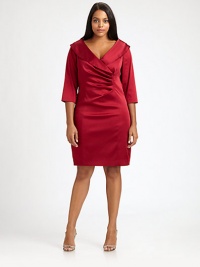 A graceful portrait collar defines this elegant frock of lustrous satin, richly tailored with pleats across the bodice.Wide crossover portrait collarAsymmetrical pleating at bodiceFront and back princess seamsThree-quarter sleevesStraight skirtBack zip closureCenter back ventFully linedAbout 32 from natural waistAcetate/polyester/spandexDry cleanImported A graceful portrait collar defines this elegant frock of lustrous satin, richly tailored with pleats across the bodice.Wide crossover portrait collarAsymmetrical pleating at bodiceFront and back princess seamsThree-quarter sleevesStraight skirtBack zip closureCenter back ventFully linedAbout 32 from natural waistAcetate/polyester/spandexDry cleanImported