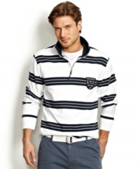 Set sail for great nautical style with this preppy half-zip shirt from Nautica. Set sail for great nautical style with this preppy half-zip shirt from Nautica.