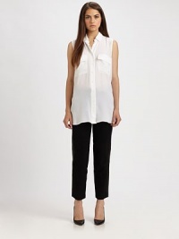 Slightly cropped, silk-lined trousers with a medium rise and hint of stretch, backed by supple leather paneling for urban appeal. Tab closureZip flySlash pocketsLeather backBack besom pocketsSilk liningRise, about 9½Inseam, about 2792% viscose/8% spandexDry cleanImported of Italian fabricModel shown is 5'10 (177cm) wearing US size 4. Slightly cropped, silk-lined trousers with a medium rise and hint of stretch, backed by supple leather paneling for urban appeal. Tab closureZip flySlash pocketsLeather backBack besom pocketsSilk liningRise, about 9½Inseam, about 2792% viscose/8% spandexDry cleanImported of Italian fabricModel shown is 5'10 (177cm) wearing US size 4.