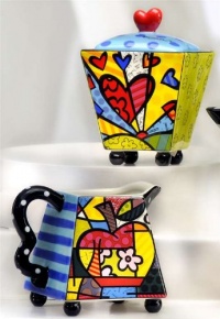 New Romero Britto Creamer & Sugar Set Ceramic Cream Coffee Bowl Collection NIP ! New Romero Britto Creamer & Sugar Set Ceramic Cream Coffee Bowl Collection NIP !