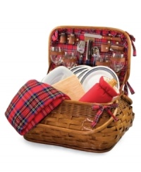 Summer romance. Picnic Time's Highlander picnic basket weaves rattan and bamboo with tartan plaid for totally irresistible charm. Plates, flatware and other essentials for four bring full service to the boardwalk, park or fireworks display. Summer romance. Picnic Time's Highlander picnic basket weaves rattan and bamboo with tartan plaid for totally irresistible charm. Plates, flatware and other essentials for four bring full service to the boardwalk, park or fireworks display.