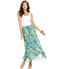 An ethereal print on sheer fabric lends a beach-inspired vibe to this Ellen Tracy skirt. Pair it with a white tank top and sandals for bohemian chic! An ethereal print on sheer fabric lends a beach-inspired vibe to this Ellen Tracy skirt. Pair it with a white tank top and sandals for bohemian chic!