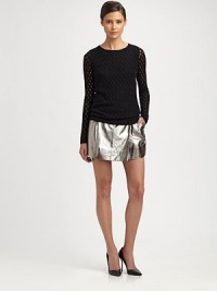 Glisten away in this daring, metallic leather mini skirt. Slash pocketsAbout 13 longLeatherDry clean with leather specialistImportedModel shown is 5'9 (175cm) wearing US size 4. Glisten away in this daring, metallic leather mini skirt. Slash pocketsAbout 13 longLeatherDry clean with leather specialistImportedModel shown is 5'9 (175cm) wearing US size 4.