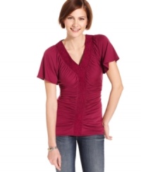 Pretty ruched details and lacy trim give Style&co.'s top flirty appeal. Flutter sleeves finish the look with a feminine touch! Pretty ruched details and lacy trim give Style&co.'s top flirty appeal. Flutter sleeves finish the look with a feminine touch!