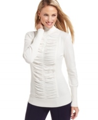 This petite turtleneck sweater features a flattering fit and fabulous ruching at the front! This petite turtleneck sweater features a flattering fit and fabulous ruching at the front!