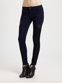 Shift into high-fashion gear with these leggings-style skinnies, defined by contrasting side panels that evoke a sporty vibe. THE FITRise, about 8Inseam, about 30THE DETAILSZip flyFive-pocket styleBody: Cotton/polyurethaneTrim: LeatherDry clean with leather specialistMade in USA of imported fabricModel shown is 5'11 (178cm) wearing US size 4. Shift into high-fashion gear with these leggings-style skinnies, defined by contrasting side panels that evoke a sporty vibe. THE FITRise, about 8Inseam, about 30THE DETAILSZip flyFive-pocket styleBody: Cotton/polyurethaneTrim: LeatherDry clean with leather specialistMade in USA of imported fabricModel shown is 5'11 (178cm) wearing US size 4.