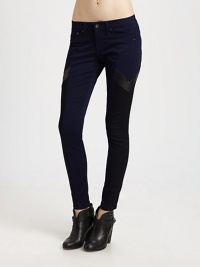 Shift into high-fashion gear with these leggings-style skinnies, defined by contrasting side panels that evoke a sporty vibe. THE FITRise, about 8Inseam, about 30THE DETAILSZip flyFive-pocket styleBody: Cotton/polyurethaneTrim: LeatherDry clean with leather specialistMade in USA of imported fabricModel shown is 5'11 (178cm) wearing US size 4.