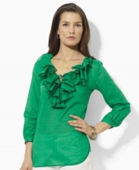 Lauren by Ralph Lauren's top is designed in light-as-air cotton voile with puffed sleeves and voluminous ruffles for a graceful touch. Lauren by Ralph Lauren's top is designed in light-as-air cotton voile with puffed sleeves and voluminous ruffles for a graceful touch.