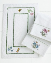 Bring the brightness of spring to your bathroom every day with this whimsical bath rug. Flowers and butterflies dance along a white ground in this pattern inspired by the acclaimed dinnerware pattern. Bring the brightness of spring to your bathroom every day with this whimsical bath rug. Flowers and butterflies dance along a white ground in this pattern inspired by the acclaimed dinnerware pattern.