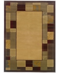A contemporary patchwork border adds just the right accent with a natural palette of woodland browns, rustic reds, mossy greens and warm cinnamon. This casual area rug from Sphinx is made from polypropylene for stain-resistant durability -- the ideal design for high-traffic areas. A contemporary patchwork border adds just the right accent with a natural palette of woodland browns, rustic reds, mossy greens and warm cinnamon. This casual area rug from Sphinx is made from polypropylene for stain-resistant durability -- the ideal design for high-traffic areas.