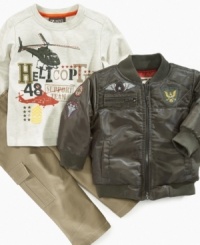 Set his style and imagination soaring with this first-class shirt, pant and jacket set from Nannette. Set his style and imagination soaring with this first-class shirt, pant and jacket set from Nannette.