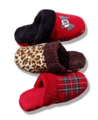 For fireside nights or shower-fresh mornings. Slip your feet into the festive and cozy Holiday Lane slippers by Charter Club. For fireside nights or shower-fresh mornings. Slip your feet into the festive and cozy Holiday Lane slippers by Charter Club.