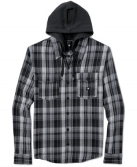 Pop the hood. Now you can, without sacrificing your fave weekend look with this hooded flannel from DC Shoes. Pop the hood. Now you can, without sacrificing your fave weekend look with this hooded flannel from DC Shoes.