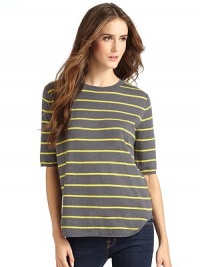 THE LOOKStripes alloverRibbed crewneckPullover styleShort sleevesCurved hemTHE FITAbout 24 from shoulder to hemTHE MATERIALCottonCARE & ORIGINDry cleanImportedModel shown is 5'11 (180cm) wearing US size Small. THE LOOKStripes alloverRibbed crewneckPullover styleShort sleevesCurved hemTHE FITAbout 24 from shoulder to hemTHE MATERIALCottonCARE & ORIGINDry cleanImportedModel shown is 5'11 (180cm) wearing US size Small.