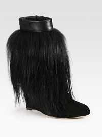 Luxe goat hair covers this suede silhouette topped with leather trim for a look dripping with edgy style. Self-covered wedge, 4¼ (110mm)Goat hair and suede upper with leather trimSide zipLeather lining and solePadded insoleMade in Italy Luxe goat hair covers this suede silhouette topped with leather trim for a look dripping with edgy style. Self-covered wedge, 4¼ (110mm)Goat hair and suede upper with leather trimSide zipLeather lining and solePadded insoleMade in Italy