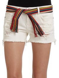 THE LOOKWhite-colored denimDistressed, ripped and faded detailsNarrow waistband with belt loops and logo button closureStriped tie belt with frayed endsFront zipper5-pocket styleFrayed cut-off hemBack waist logo patchRaised dot detail on back pocketTHE FITRise, about 7½Inseam, about 2THE MATERIAL98% cotton/2% spandexCARE & ORIGINMachine washImportedModel shown is 5'9 (175cm) wearing US size 4. THE LOOKWhite-colored denimDistressed, ripped and faded detailsNarrow waistband with belt loops and logo button closureStriped tie belt with frayed endsFront zipper5-pocket styleFrayed cut-off hemBack waist logo patchRaised dot detail on back pocketTHE FITRise, about 7½Inseam, about 2THE MATERIAL98% cotton/2% spandexCARE & ORIGINMachine washImportedModel shown is 5'9 (175cm) wearing US size 4.