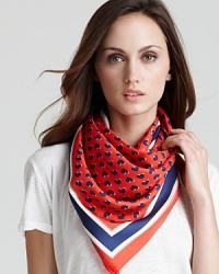 Hearts and stripes accent this adorable silk twill scarf with signature logo at hem. Hearts and stripes accent this adorable silk twill scarf with signature logo at hem.