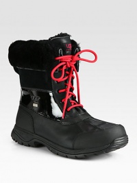 Plush shearling lines the folded-down cuff of a waterproof winter boot, constructed in durable leather with suede detail and rugged rubber trim.Leather upperLeather liningPadded insoleLug soleImported Plush shearling lines the folded-down cuff of a waterproof winter boot, constructed in durable leather with suede detail and rugged rubber trim.Leather upperLeather liningPadded insoleLug soleImported