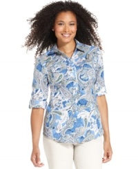 A paisley print prettifies Karen Scott's petite button-down shirt. Pair it with your favorite trousers for a complete ensemble. (Clearance) A paisley print prettifies Karen Scott's petite button-down shirt. Pair it with your favorite trousers for a complete ensemble. (Clearance)