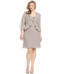 R&M Richards' dress and jacket ensemble features flowing sheer chiffon and is elevated by a smattering of sparkling beading at the collar and neckline. R&M Richards' dress and jacket ensemble features flowing sheer chiffon and is elevated by a smattering of sparkling beading at the collar and neckline.