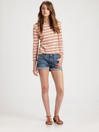 Lovingly-faded stretch denim, cropped and cuffed for a look that's casually-chic.Button-front waistBelt loopsZip-flyFive-pocket styleRise, about 9¾Inseam, about 2½94% cotton/4% polyester/2% polyurethaneMachine washMade in USAModel shown is 5'9½ (176cm) wearing US size 4. Lovingly-faded stretch denim, cropped and cuffed for a look that's casually-chic.Button-front waistBelt loopsZip-flyFive-pocket styleRise, about 9¾Inseam, about 2½94% cotton/4% polyester/2% polyurethaneMachine washMade in USAModel shown is 5'9½ (176cm) wearing US size 4.