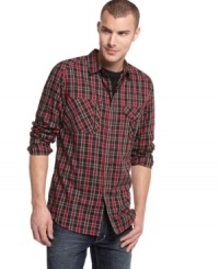 Marc Ecko brings signature urbane looks to your casual wardrobe with this plaid woven shirt. Marc Ecko brings signature urbane looks to your casual wardrobe with this plaid woven shirt.