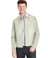 A sleek, sophisticated design lets this Perry Ellis jacket top off any look with aplomb. A sleek, sophisticated design lets this Perry Ellis jacket top off any look with aplomb.