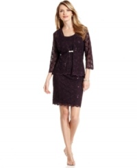R&M Richards perfects lace for evening with this petite look, featuring a smattering of sequins and a sheer jacket with a scalloped hem and rhinestone bow closure. R&M Richards perfects lace for evening with this petite look, featuring a smattering of sequins and a sheer jacket with a scalloped hem and rhinestone bow closure.