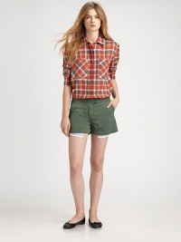 This plaid, menswear-inspired design features two patch pockets and epaulette straps.Point collarEpaulette strapsConcealed button frontPatch pocketsThree-quarter sleeves with button cuffsButton tabAbout 23 from shoulder to hemCottonDry cleanMade in USA of imported fabricModel shown is 5'9½ (176cm) wearing US size 4. This plaid, menswear-inspired design features two patch pockets and epaulette straps.Point collarEpaulette strapsConcealed button frontPatch pocketsThree-quarter sleeves with button cuffsButton tabAbout 23 from shoulder to hemCottonDry cleanMade in USA of imported fabricModel shown is 5'9½ (176cm) wearing US size 4.