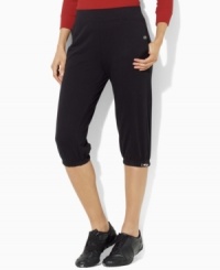 Lauren by Ralph Lauren's comfortable French terry athletic pant gets a chic update in a cropped silhouette with a drawcord hem. Lauren by Ralph Lauren's comfortable French terry athletic pant gets a chic update in a cropped silhouette with a drawcord hem.