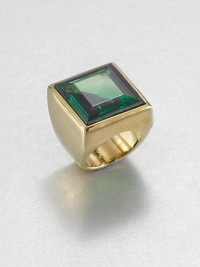 From the Cocktail Collection. Emerald in cut and emerald in color, this square of beveled glass sits within a simple golden setting atop a wide smooth band.GlassGoldtoneAbout .75 squareImported