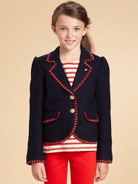 A preppy sailor-style blazer with contrast striped piping and slightly puffed sleeves.Notched collarFront buttonsLong sleevesFlap front pocketsBack tab with buttonsBack ventsFully lined60% wool/40% nylonDry cleanImported Please note: Number of buttons may vary depending on size ordered. A preppy sailor-style blazer with contrast striped piping and slightly puffed sleeves.Notched collarFront buttonsLong sleevesFlap front pocketsBack tab with buttonsBack ventsFully lined60% wool/40% nylonDry cleanImported Please note: Number of buttons may vary depending on size ordered.