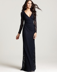 Long sleeves lend a sense of modesty to this otherwise sultry David Meister lace gown. Long sleeves lend a sense of modesty to this otherwise sultry David Meister lace gown.