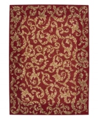 A long runner that is ideal for hallways and entryways. Evoking the opulence of European decor, this rug features an elegant floral scroll pattern in gold against a rich russet ground, subtly framed in burgundy. The premium wool weave imparts rich texture and indulgent softness. A long runner that is ideal for hallways and entryways. Evoking the opulence of European decor, this rug features an elegant floral scroll pattern in gold against a rich russet ground, subtly framed in burgundy. The premium wool weave imparts rich texture and indulgent softness.