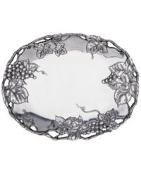 The Grape Weave oval tray will add a touch of whimsy to your tabletop or mantle. A raised and intricate pattern of grape clusters on high-polished aluminum conveys unparalleled elegance. The Grape Weave oval tray will add a touch of whimsy to your tabletop or mantle. A raised and intricate pattern of grape clusters on high-polished aluminum conveys unparalleled elegance.