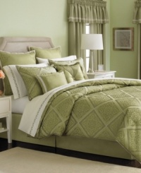 Influenced by beautiful Spanish designs, this Seville comforter set evokes a traditional appeal in the bedroom with an intricate geometric pattern in tonal green hues. The set comes complete with an expansive set of components, including window treatments and sheet set, for a put-together look. Influenced by beautiful Spanish designs, this Seville comforter set evokes a traditional appeal in the bedroom with an intricate geometric pattern in tonal green hues. The set comes complete with an expansive set of components, including window treatments and sheet set, for a put-together look.