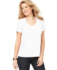 Karen Scott's petite V-neck top has a casual fit that never goes out of style. Ideal for layering, you can afford to buy more than one at this price! Karen Scott's petite V-neck top has a casual fit that never goes out of style. Ideal for layering, you can afford to buy more than one at this price!