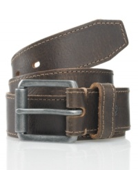 With raw edges and heavy stitching, this distressed leather belt from Levi's is bursting at the seams with vintage character. With raw edges and heavy stitching, this distressed leather belt from Levi's is bursting at the seams with vintage character.