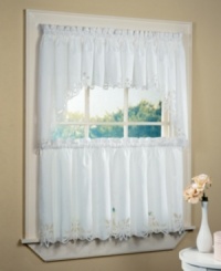 Enjoy the simple elegance of tiered café curtains graced with lovely Battenburg lace. The perfect accent for kitchen, bath or bedroom windows. Enjoy the simple elegance of tiered café curtains graced with lovely Battenburg lace. The perfect accent for kitchen, bath or bedroom windows.