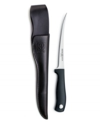 Get some game! Perfect for the outdoors, this durable knife serves up expertly sliced fish, meat and game and stores neatly in the rustic leather sheath. The extra-thin forged stainless steel blade maneuvers around bones and cartilage for a masterful cut above the rest. Lifetime warranty. Get some game! Perfect for the outdoors, this durable knife serves up expertly sliced fish, meat and game and stores neatly in the rustic leather sheath. The extra-thin forged stainless steel blade maneuvers around bones and cartilage for a masterful cut above the rest. Lifetime warranty.