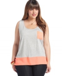 Flash your brights with Soprano's sleeveless plus size top, highlighted by neon detail! Flash your brights with Soprano's sleeveless plus size top, highlighted by neon detail!