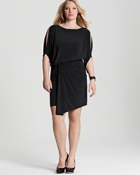Artful draping lends modernity to this David Meister Plus dress, complete with split sleeves for a subtle peek of skin. Artful draping lends modernity to this David Meister Plus dress, complete with split sleeves for a subtle peek of skin.