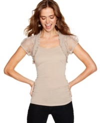 The basic tank gets a ladylike upgrade with this style from Planet Gold that features an attached lace shrug! The basic tank gets a ladylike upgrade with this style from Planet Gold that features an attached lace shrug!
