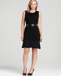 Put some punch in your LBD portfolio with this DKNYC Plus dress touting a flattering fit-and-flare silhouette cinched by a sleek faux-leather belt.