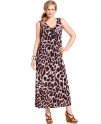 Capture spot-on style with NY Collection's sleeveless plus size maxi dress, showcasing an animal-print. Capture spot-on style with NY Collection's sleeveless plus size maxi dress, showcasing an animal-print.
