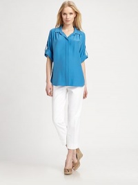 Matte silk adds a glamorous dimension to this simply sophisticated blouse with a concealed button front.Collar neckRoll-tab sleevesConcealed button frontCurved back yokeAbout 26 from shoulder to hemSilkDry cleanImported Model shown is 5'10 (177cm) wearing US size Small. Matte silk adds a glamorous dimension to this simply sophisticated blouse with a concealed button front.Collar neckRoll-tab sleevesConcealed button frontCurved back yokeAbout 26 from shoulder to hemSilkDry cleanImported Model shown is 5'10 (177cm) wearing US size Small.