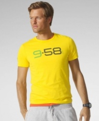 A short-sleeved crewneck T-shirt is crafted from lightweight cotton jersey with a race-inspired graphic print to bring out your competitive side. A short-sleeved crewneck T-shirt is crafted from lightweight cotton jersey with a race-inspired graphic print to bring out your competitive side.