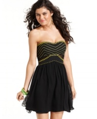 For girls who just want to have fun: bright beads and sheer insets plus a playful skirt of chiffon equal a strapless dress from Rampage that's made to party! For girls who just want to have fun: bright beads and sheer insets plus a playful skirt of chiffon equal a strapless dress from Rampage that's made to party!