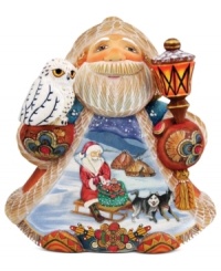 Intricately carved and detailed, this ornament from DeBrekht is a unique holiday treasure for your home with the hand painted scene of Santa Claus and his two sleigh dogs journeying to deliver gifts to all the good little girls and boys. Intricately carved and detailed, this ornament from DeBrekht is a unique holiday treasure for your home with the hand painted scene of Santa Claus and his two sleigh dogs journeying to deliver gifts to all the good little girls and boys.