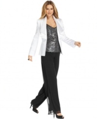 Shine at your next special occasion in this petite pant suit from Tahari by ASL, elevated by a crisp white jacket, sleek sequined top and a polished, flowing pants silhouette. Shine at your next special occasion in this petite pant suit from Tahari by ASL, elevated by a crisp white jacket, sleek sequined top and a polished, flowing pants silhouette.